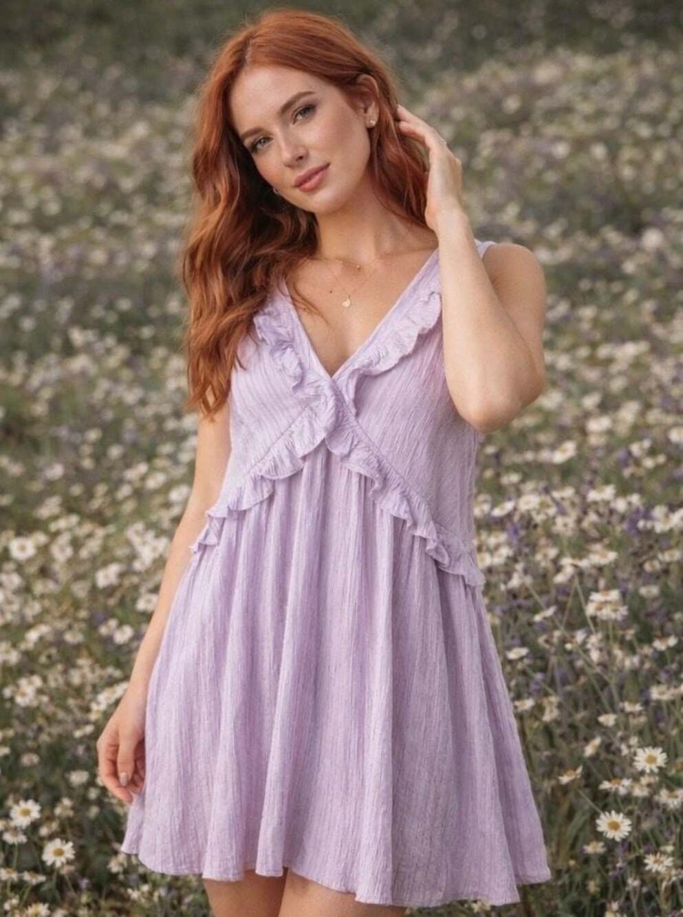&merci Lavender Gauze Sleeveless Ruffle Mini Dress